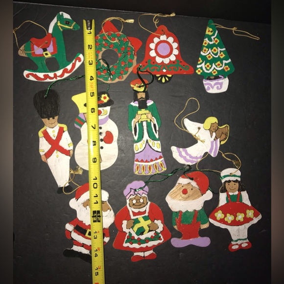 12 Vintage Flat Wooden Christmas Ornaments Hand Painted Double Sided - Picture 10 of 11